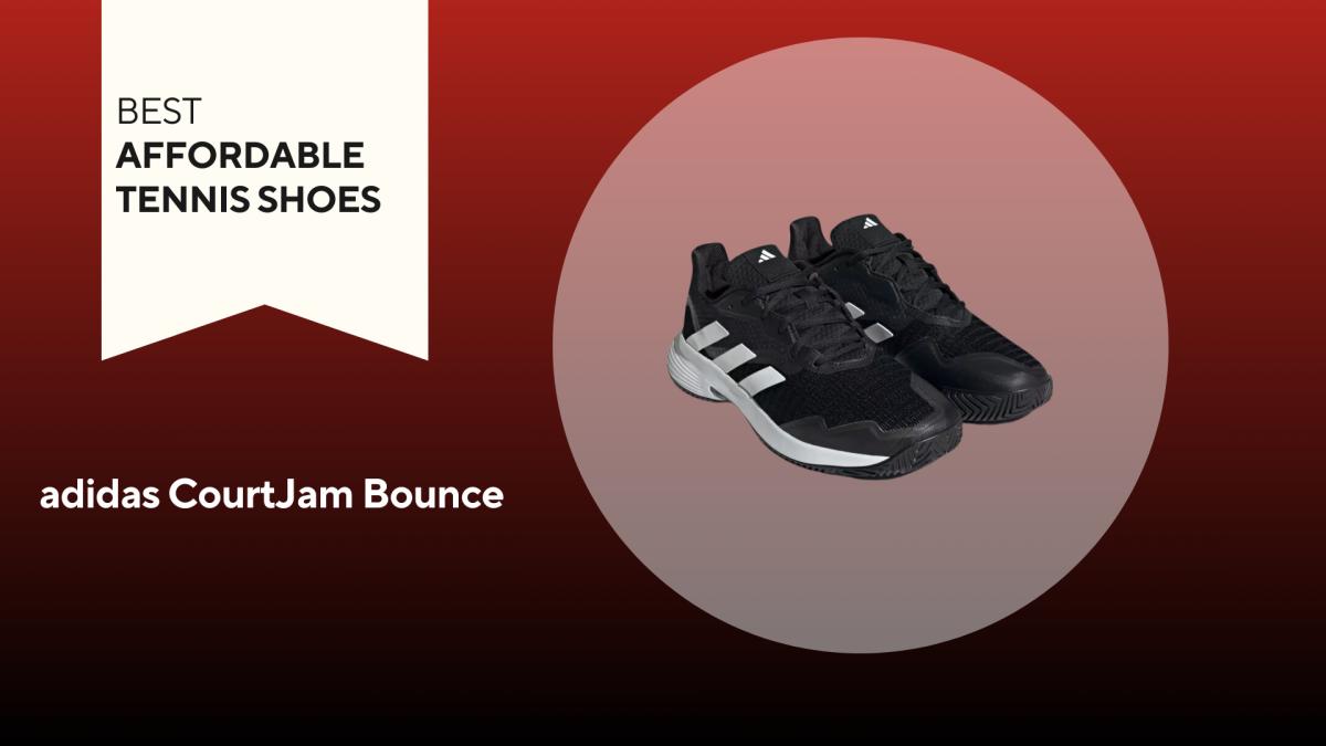 An image of a pair of black and white adidas CourtJam Bounce shoes against a red background.
