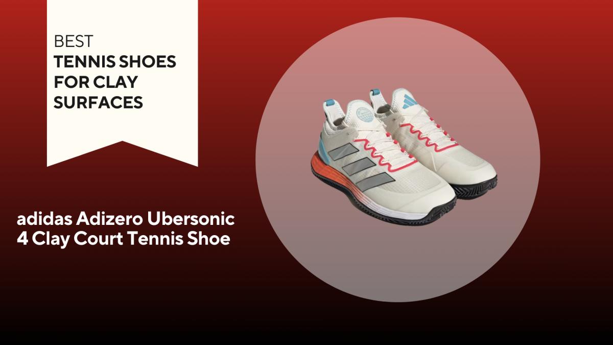 An image of a pair of adidas Adizero Ubersonic 4 Clay Court Tennis Shoe against a red background.