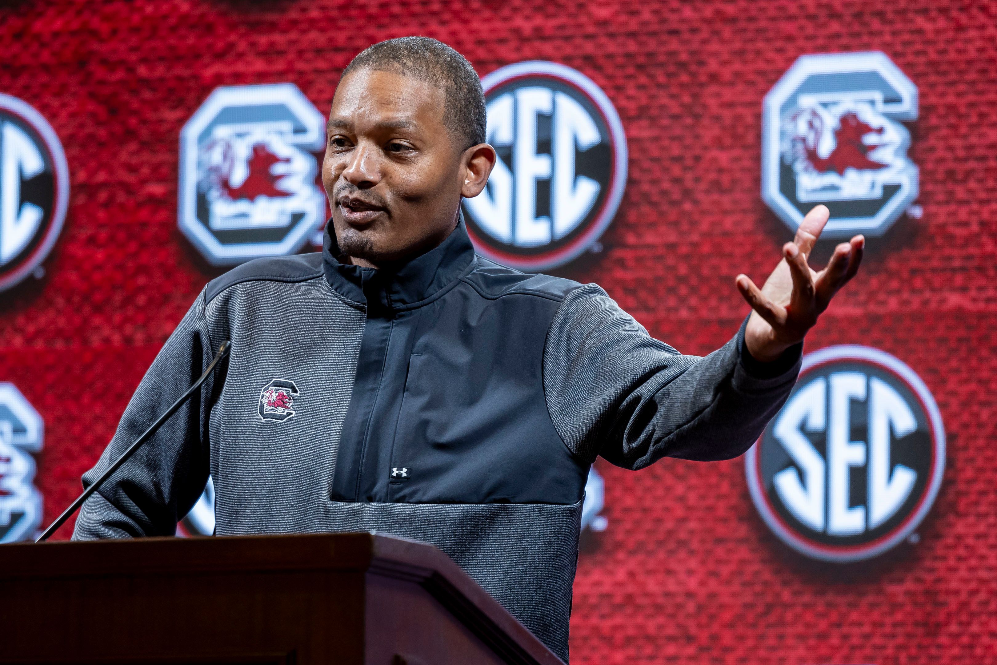 Lamont Paris talking to the media at the SEC Men's Basketball Media Day event (18th Oct., 2023)