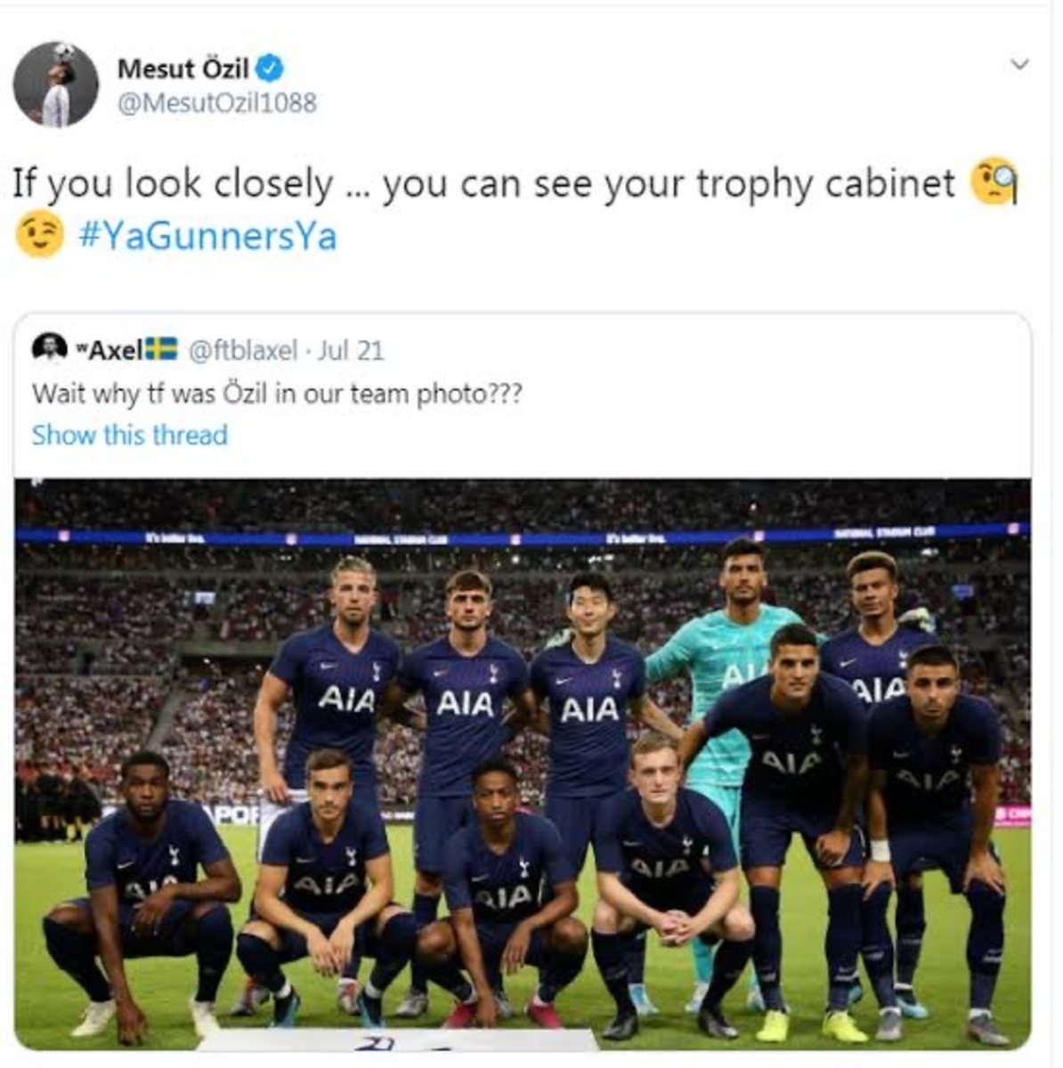A tweet posted by Mesut Ozil in 2019 mocking Tottenham Hotspur's lack of trophies