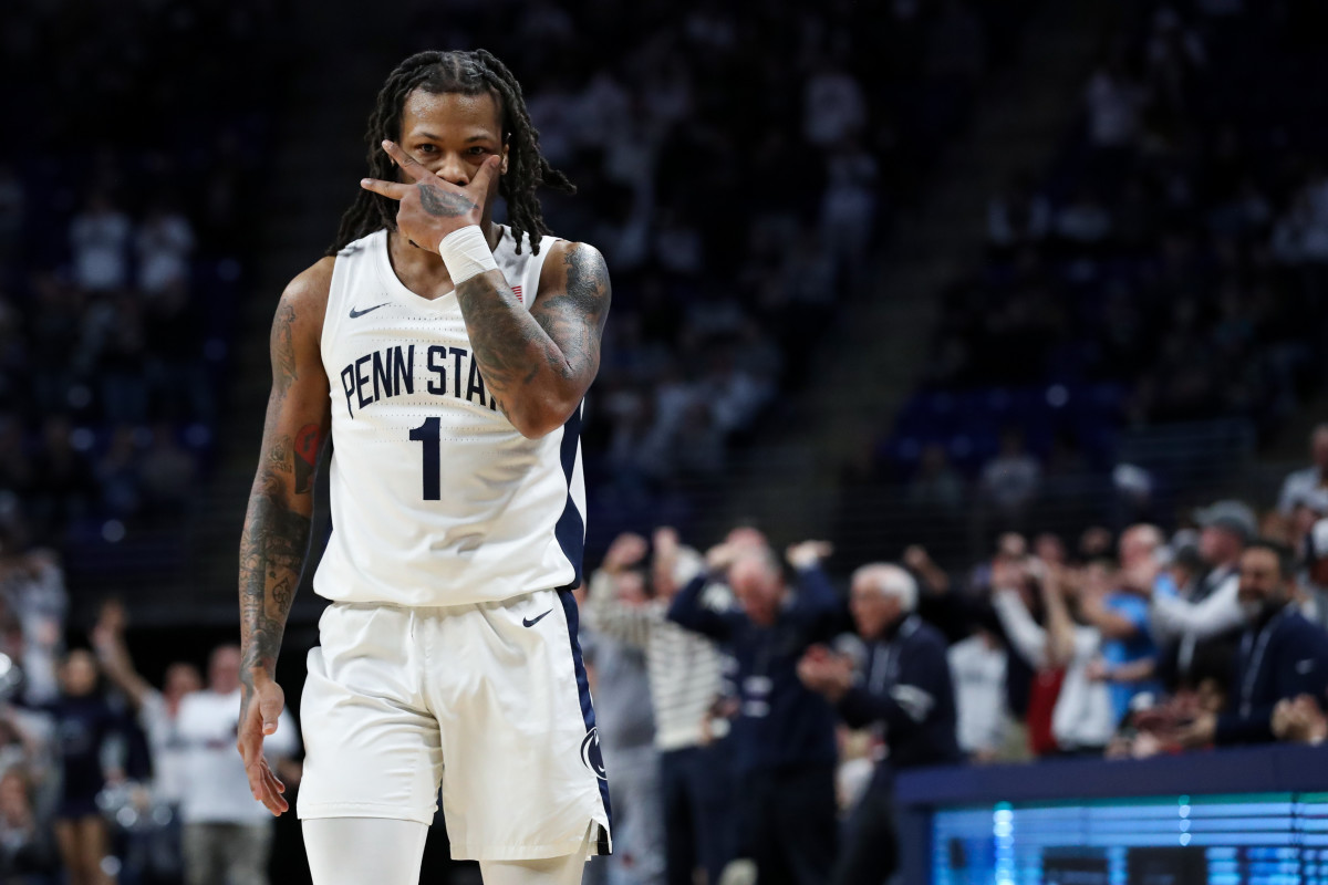 Penn State's Ace Baldwin Jr. reacts after making a key second-half 3-pointer in the Nittany Lions' 83-20 win over Ohio State at the Bryce Jordan Center.