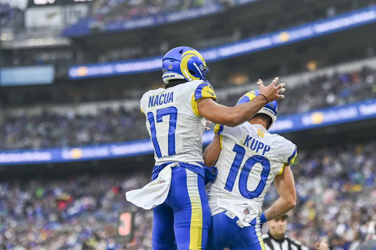 Los Angeles Rams wide receiver Cooper Kupp (10) celebrates with wide receiver Puka Nacua (17) after scoring a second-quarter touchdown at M&T Bank Stadium. 