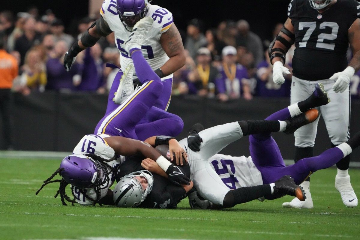 The Las Vegas Raiders' offensive line allowed four sacks in the first half against the Minnesota Vikings.