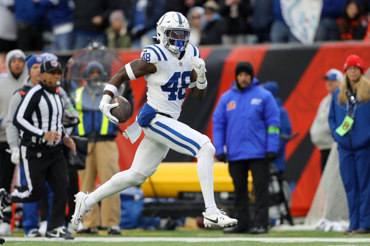Dec 10, 2023; Cincinnati, Ohio, USA; Indianapolis Colts safety Ronnie Harrison Jr. (48) runs an interception back for a touchdown during the second quarter against the Cincinnati Bengals at Paycor Stadium. Mandatory Credit: Joseph Maiorana-USA TODAY Sports