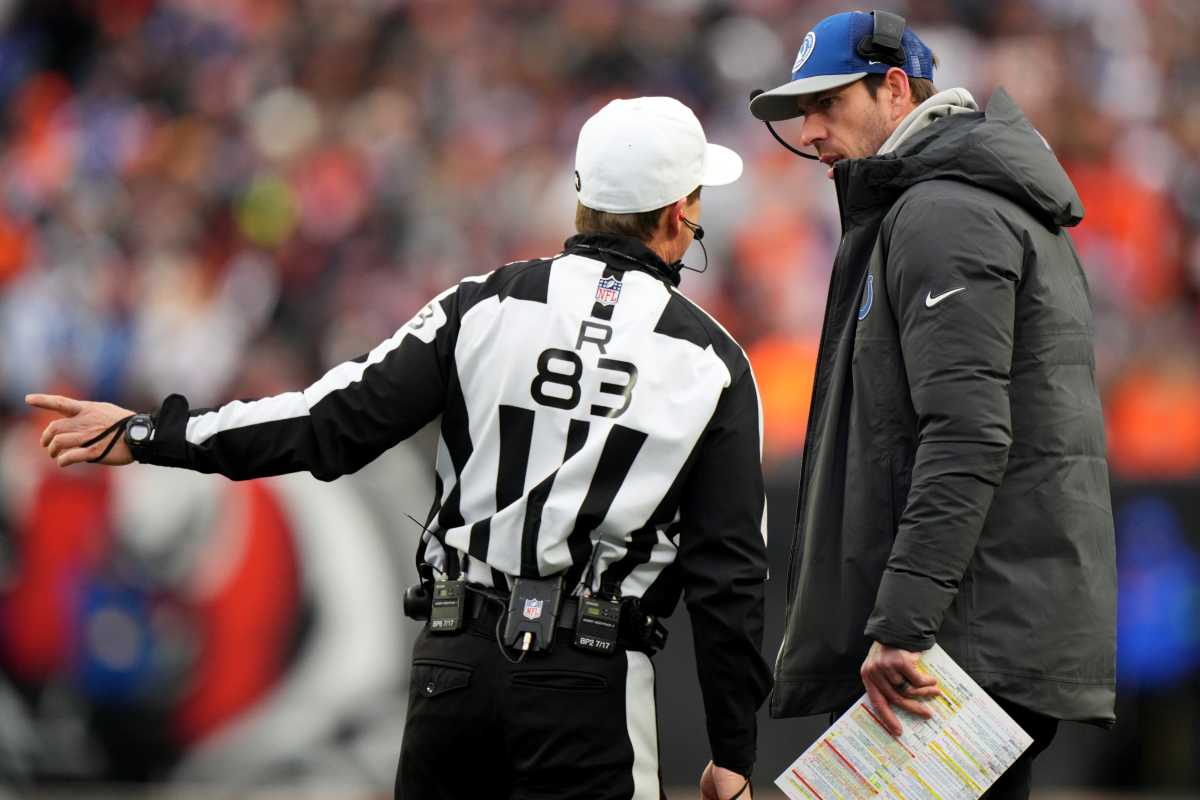 Referee Shawn Hochuli (83) talks with Indianapolis Colts head coach Shane Steichen in the third quarter during a Week 14 NFL game between the Indianapolis Colts and the Cincinnati Bengals, Sunday, Dec. 10, 2023, at Paycor Stadium in Cincinnati.