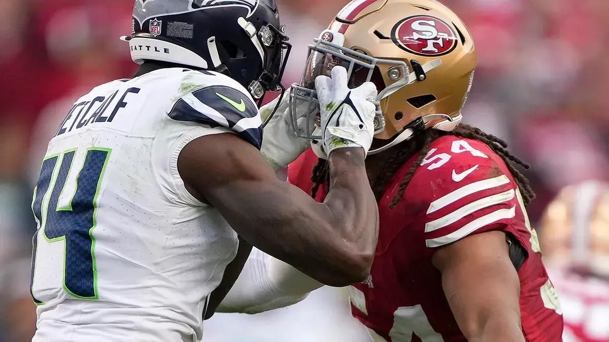 Metcalf grabs Warner by the face mask in Sunday's game.