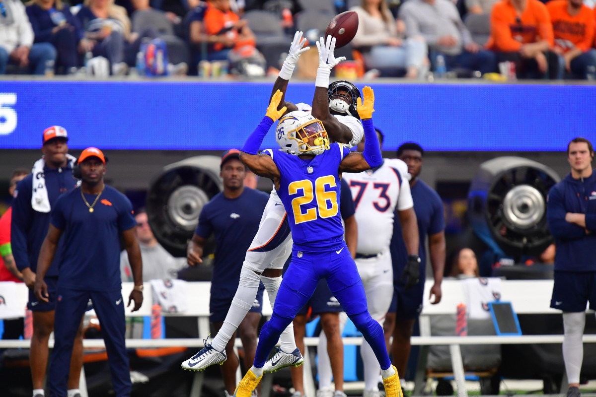 Los Angeles Chargers cornerback Asante Samuel Jr. (26) covers Denver Broncos wide receiver Jerry Jeudy (10) during the first half at SoFi Stadium.