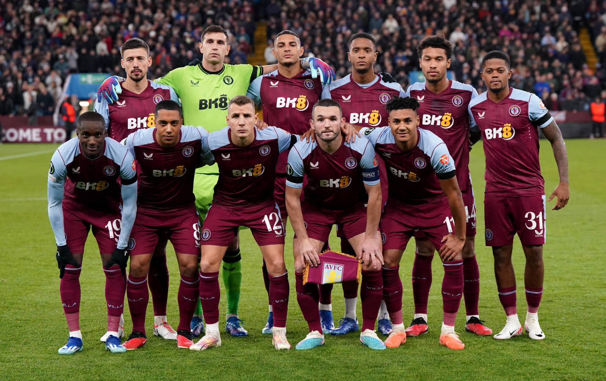 Aston Villa's players pictured posing for a team photo ahead of a UEFA Europa Conference League game against AZ Alkmaar in November 2023