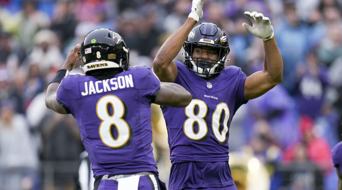 Baltimore Ravens tight end Isaiah Likely, right celebrates a touchdown with quarterback Lamar Jackson.