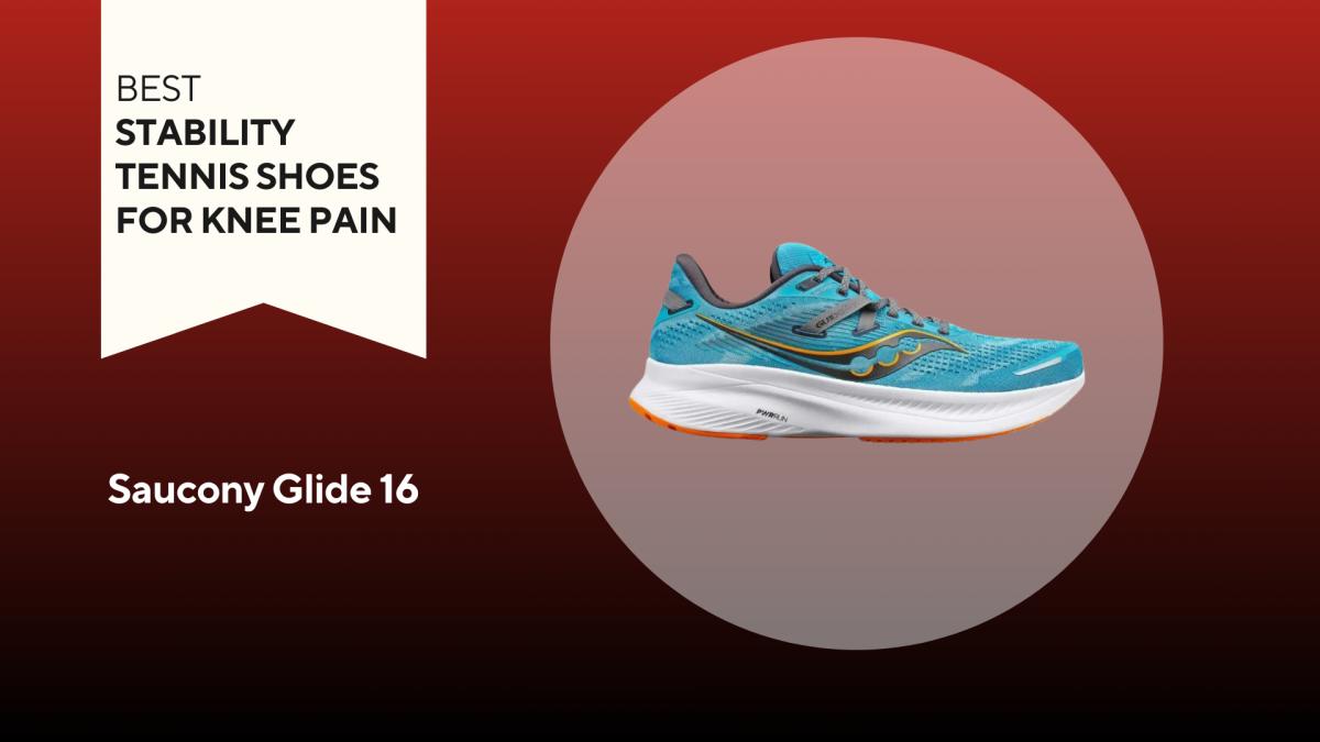An image of a blue Saucony Glide 16 shoe against a red background.