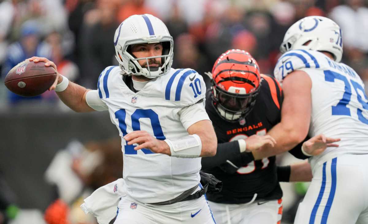 Indianapolis Colts quarterback Gardner Minshew II (10) draws back to pass Sunday, Dec. 10, 2023, during a game against the Cincinnati Bengals at Paycor Stadium in Cincinnati.