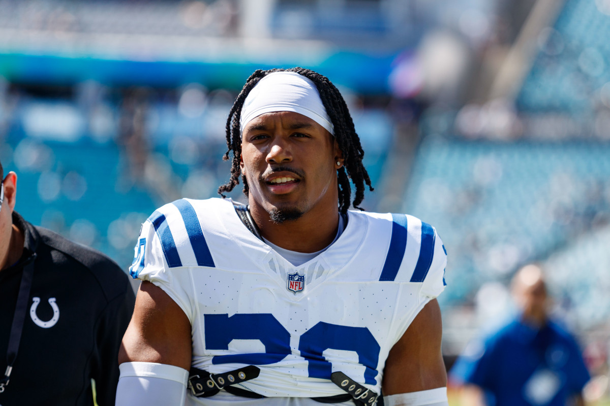 Oct 15, 2023; Jacksonville, Florida, USA; Indianapolis Colts safety Nick Cross (20) before the game against the Jacksonville Jaguars at EverBank Stadium. Mandatory Credit: Morgan Tencza-USA TODAY Sports