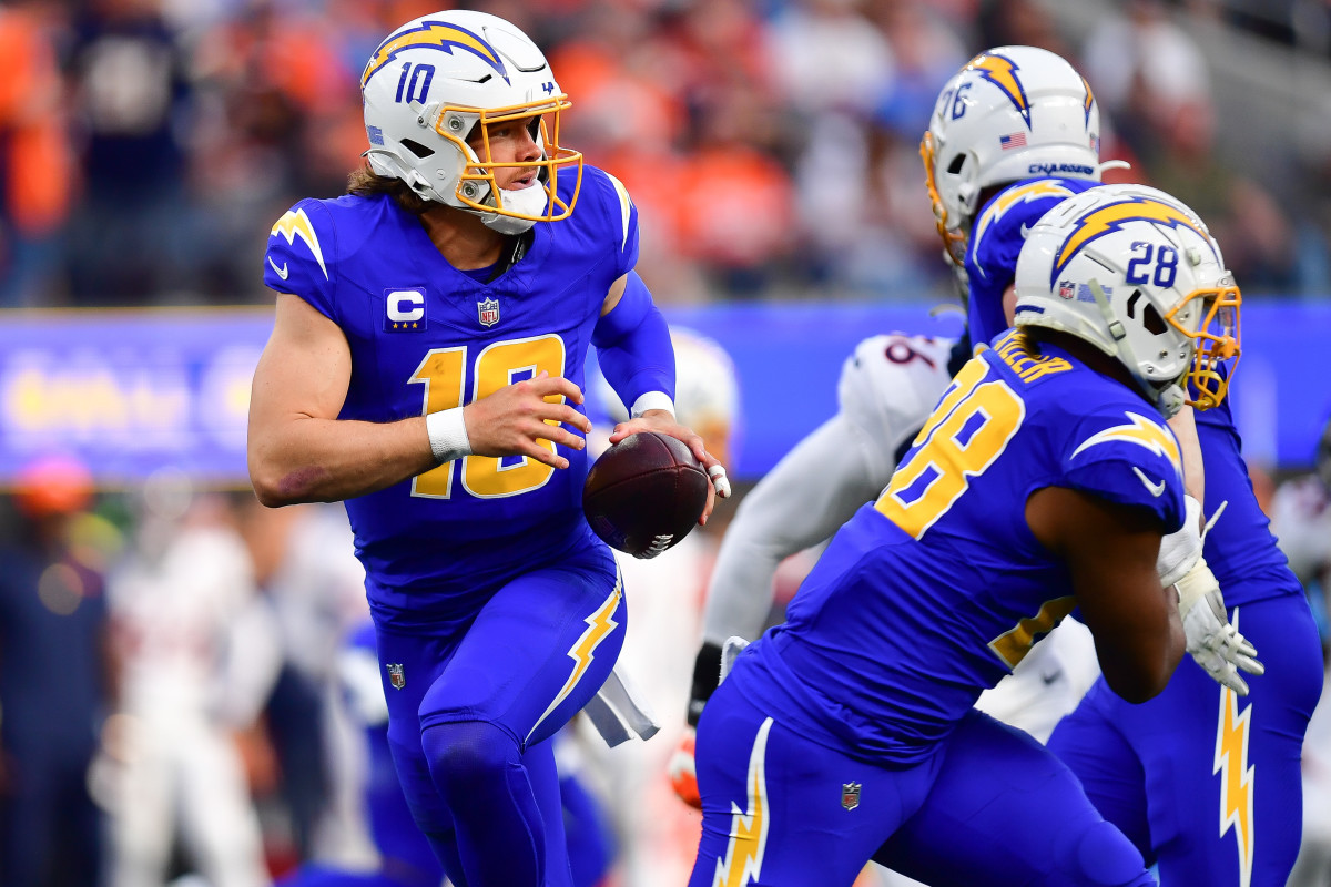 Los Angeles Chargers quarterback Justin Herbert drops back to pass against the Denver Broncos.