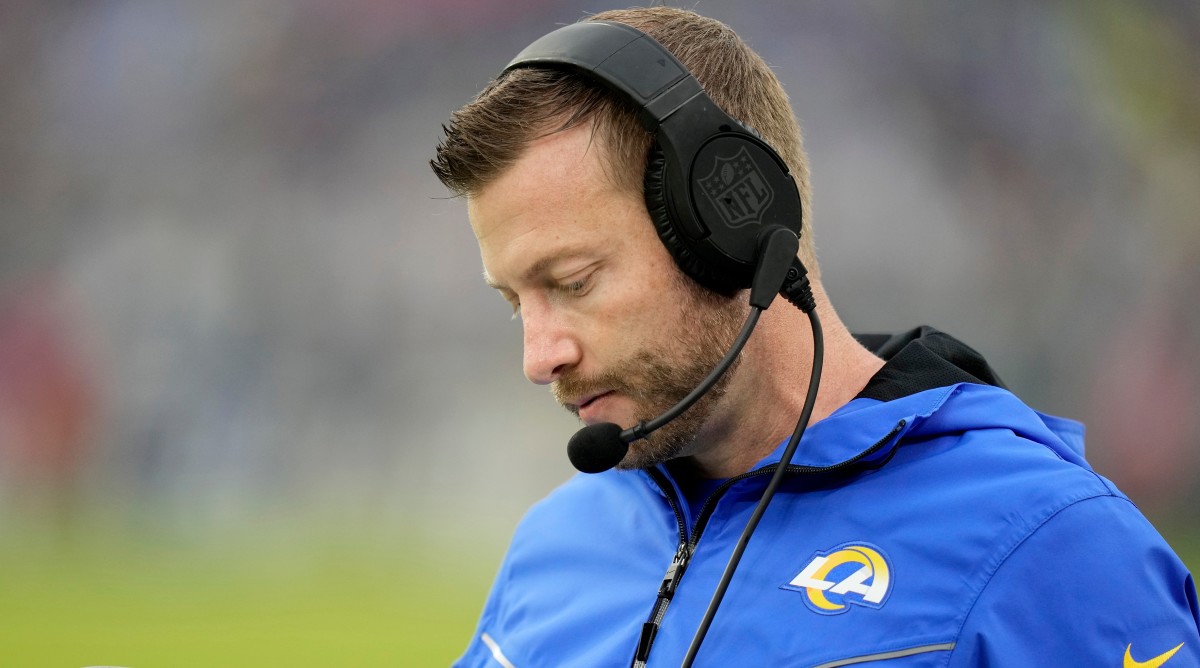 Rams coach Sean McVay pauses on the sideline and looks at his play sheet during a game against the Ravens.