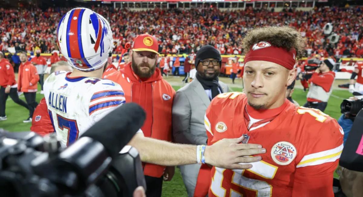 Allen and a dejected Mahomes meet after Sunday's game
