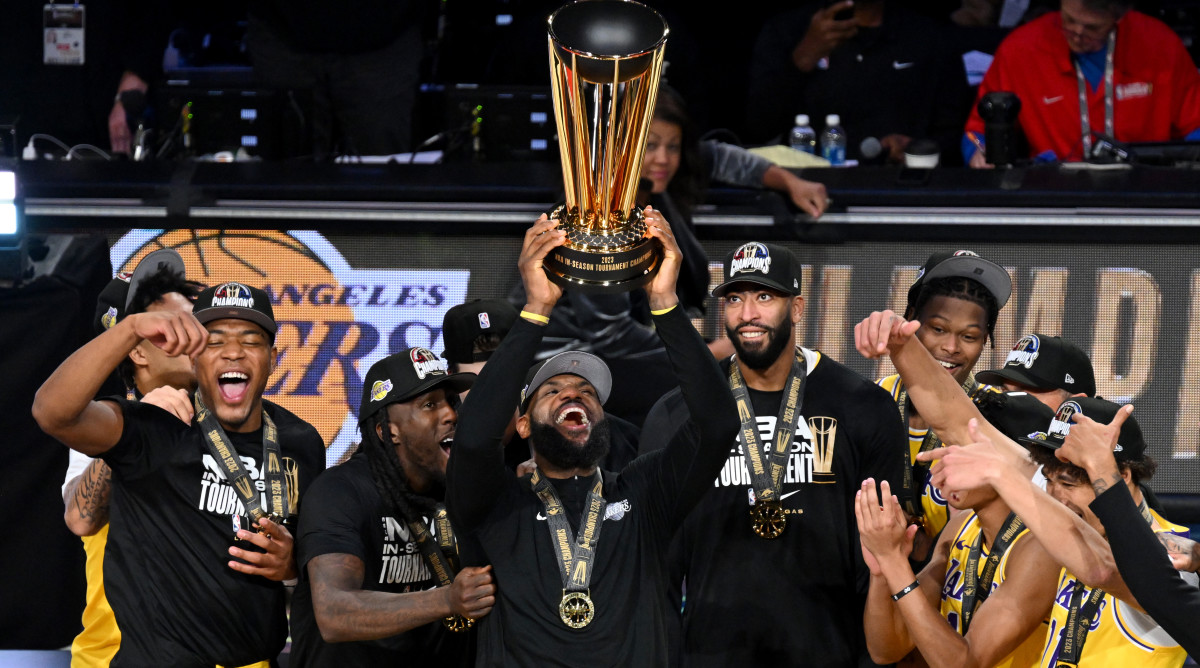 LeBron James and the Lakers celebrate after winning the inaugural NBA in-season tournament.