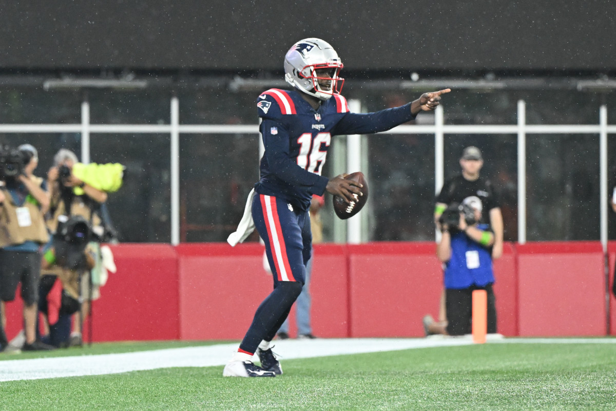 Aug 10, 2023; Foxborough, Massachusetts, USA; New England Patriots quarterback Malik Cunningham (16) reacts after a touchdown against the Houston Texans during the second half at Gillette Stadium. 