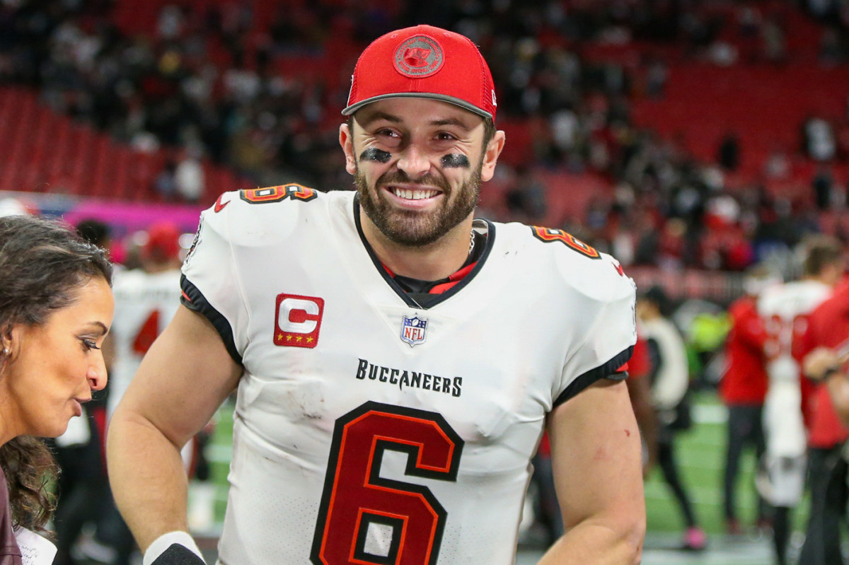 Dec 10, 2023; Atlanta, Georgia, USA; Tampa Bay Buccaneers quarterback Baker Mayfield (6) celebrates after a victory against the Atlanta Falcons at Mercedes-Benz Stadium. Mandatory Credit: Brett Davis-USA TODAY Sports