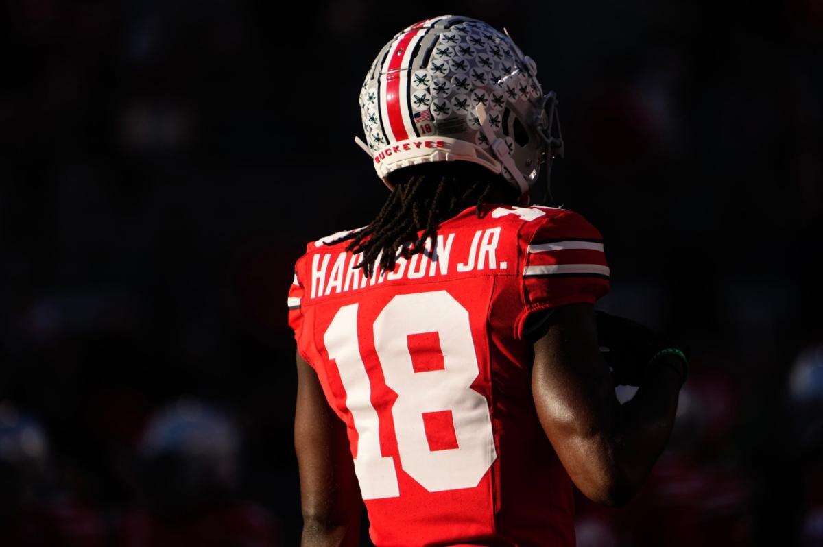 Ohio State Buckeyes wide receiver Marvin Harrison Jr. (18) warms up prior to the NCAA football game against the Minnesota Golden Gophers at Ohio Stadium.