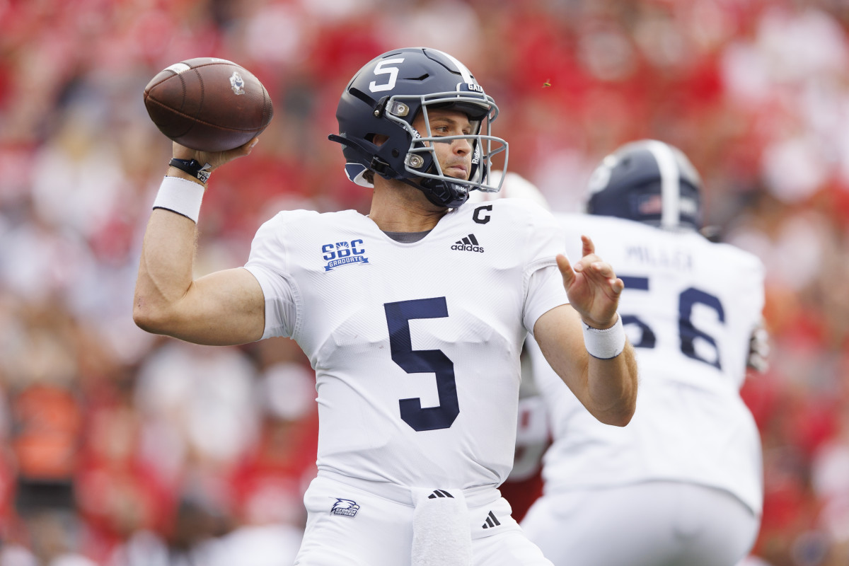 Sep 16, 2023; Madison, Wisconsin, USA; Georgia Southern Eagles quarterback Davis Brin (5) throws a pass during the first quarter against the Wisconsin Badgers at Camp Randall Stadium. Mandatory Credit: Jeff Hanisch-USA TODAY Sports