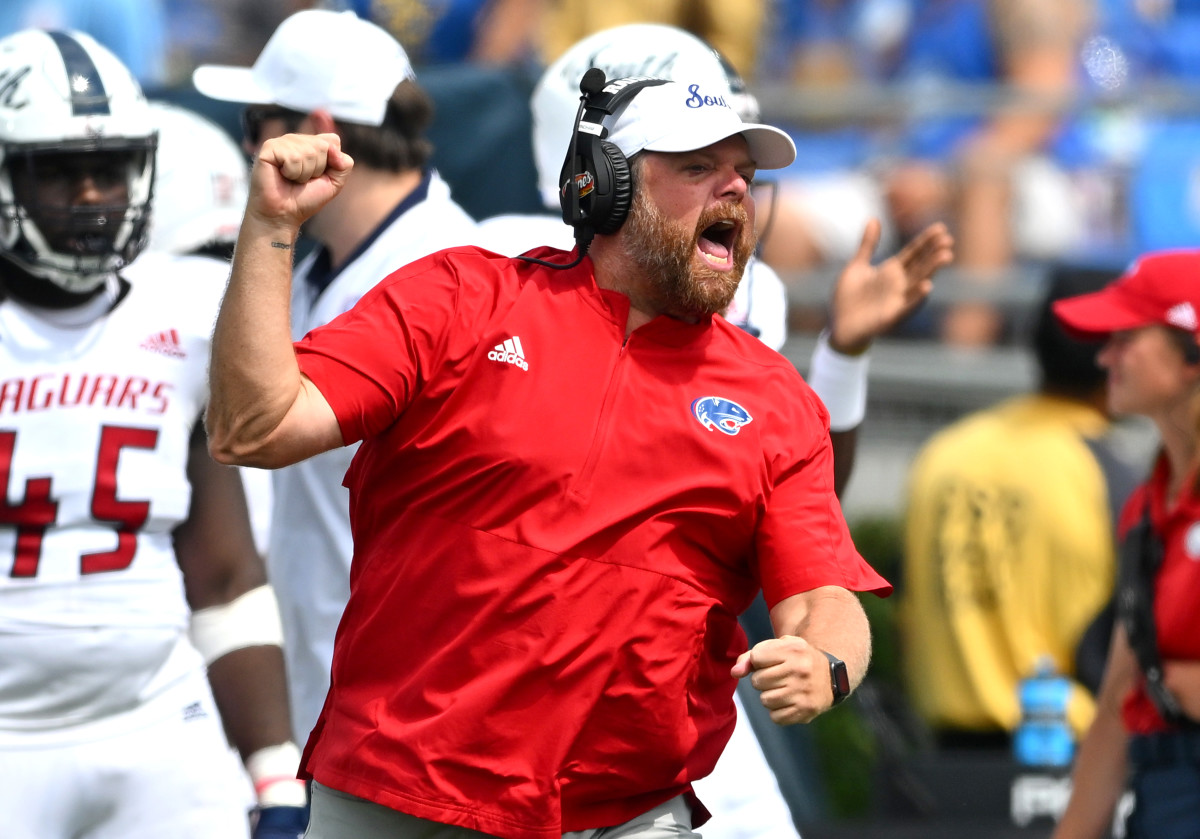 Sep 17, 2022; Pasadena, California, USA; South Alabama Jaguars head coach Kane Wommack celebrates after a score against the UCLA Bruins in the second half at the Rose Bowl. Mandatory Credit: Jayne Kamin-Oncea-USA TODAY Sports