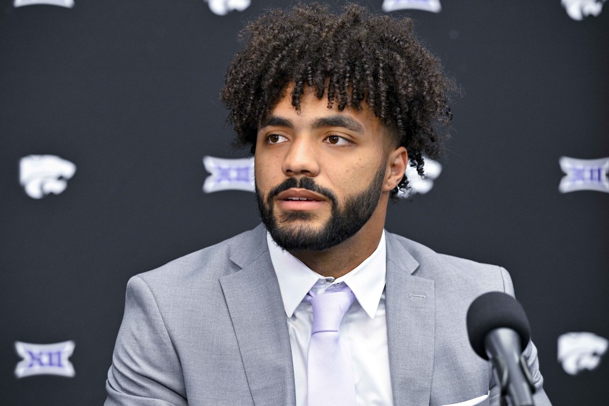 Kansas State Wildcats safety Kobe Savage at 2023 Big 12 media days.