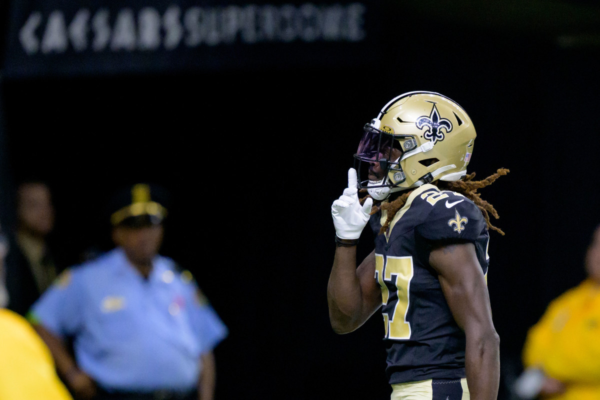 New Orleans Saints cornerback Isaac Yiadom (27) celebrates an inception