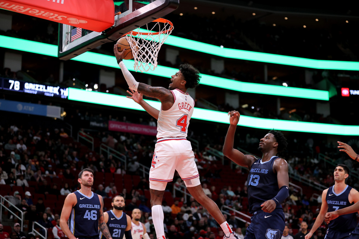 Houston Rockets guard Jalen Green (4) shoots against the Memphis Grizzlies during the fourth quarter at Toyota Center.