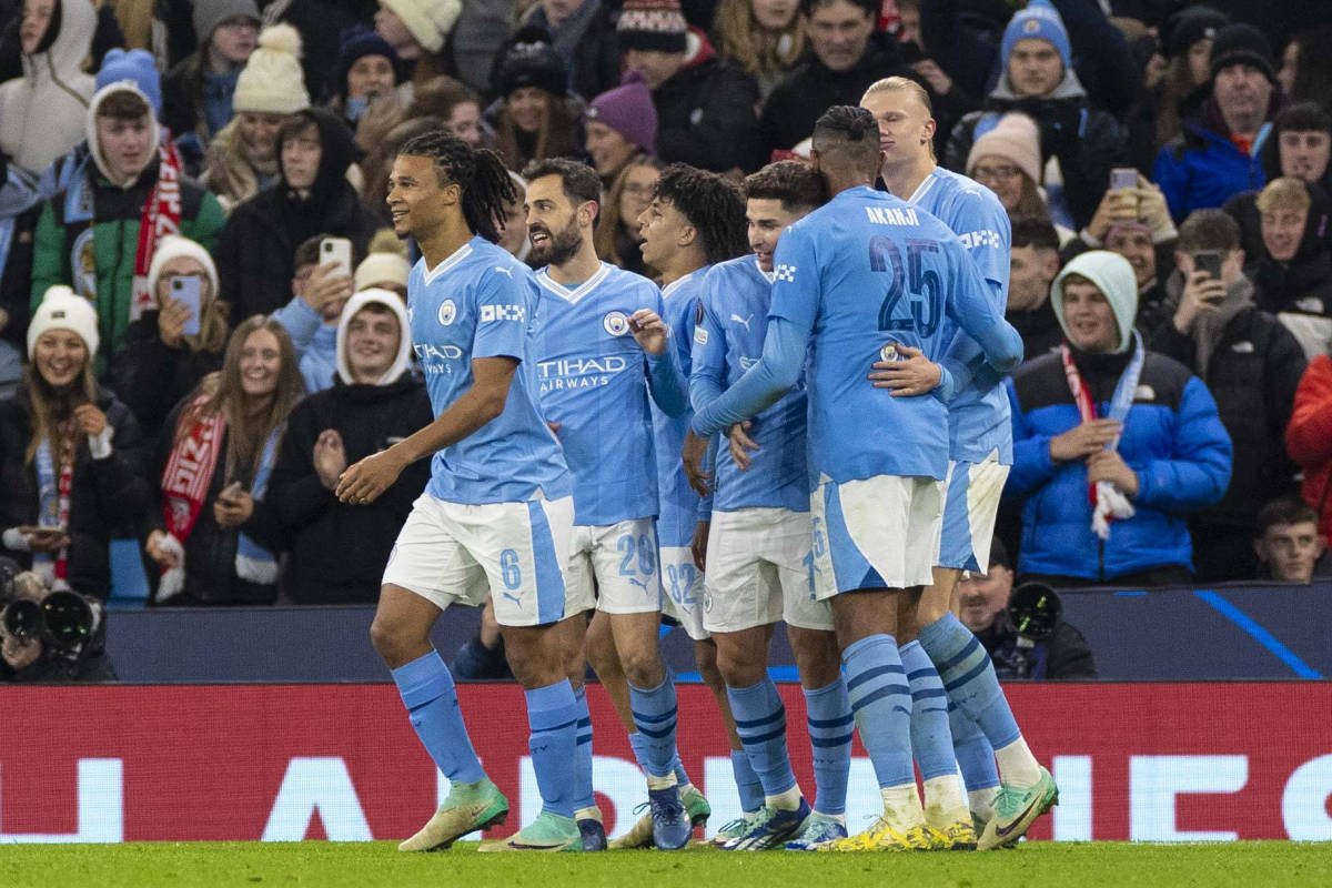 Manchester City's players pictured celebrating during a 3-2 win over RB Leipzig in UEFA Champions League Group G in November 2023