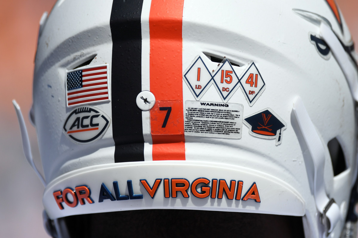 Mike Hollins’s helmet during Virginia’s 49-13 loss to No. 12 Tennessee on Sept. 2, 2023.