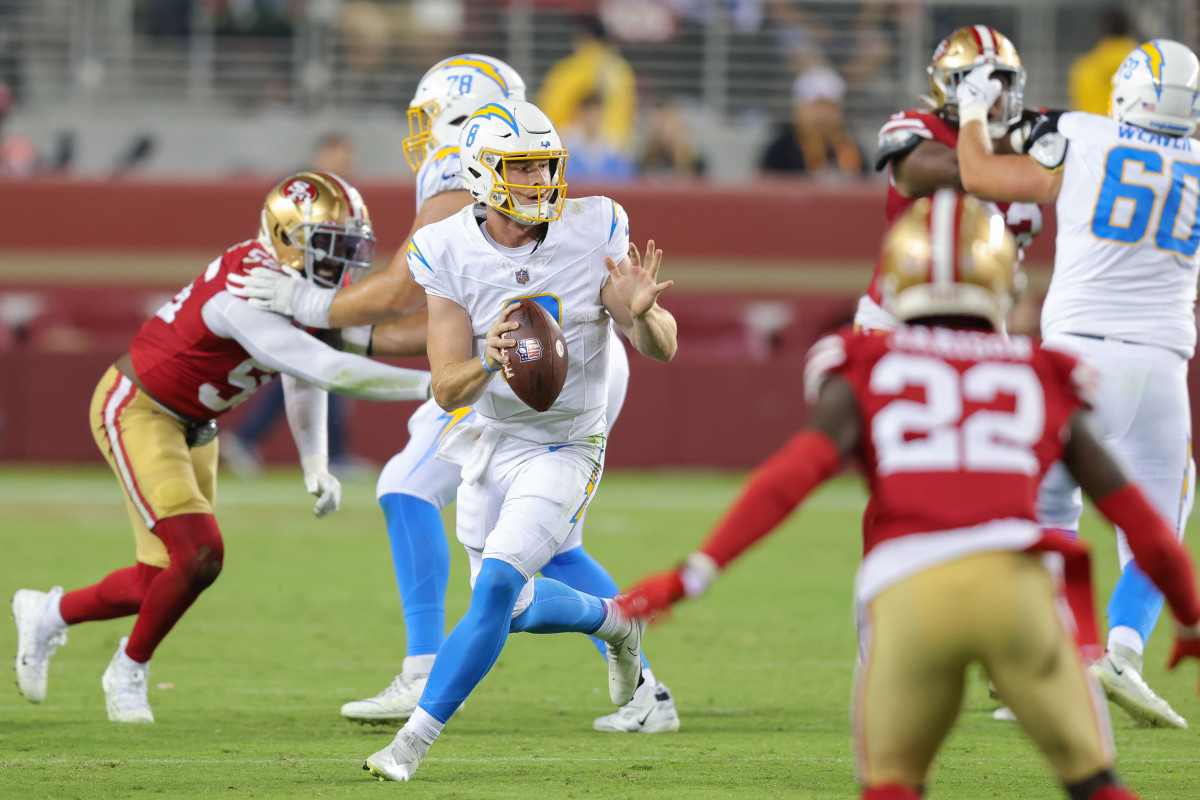 Aug 25, 2023; Santa Clara, California, USA; Los Angeles Chargers quarterback Max Duggan (8) during the game against the San Francisco 49ers at Levi's Stadium. Mandatory Credit: Sergio Estrada-USA TODAY Sports 