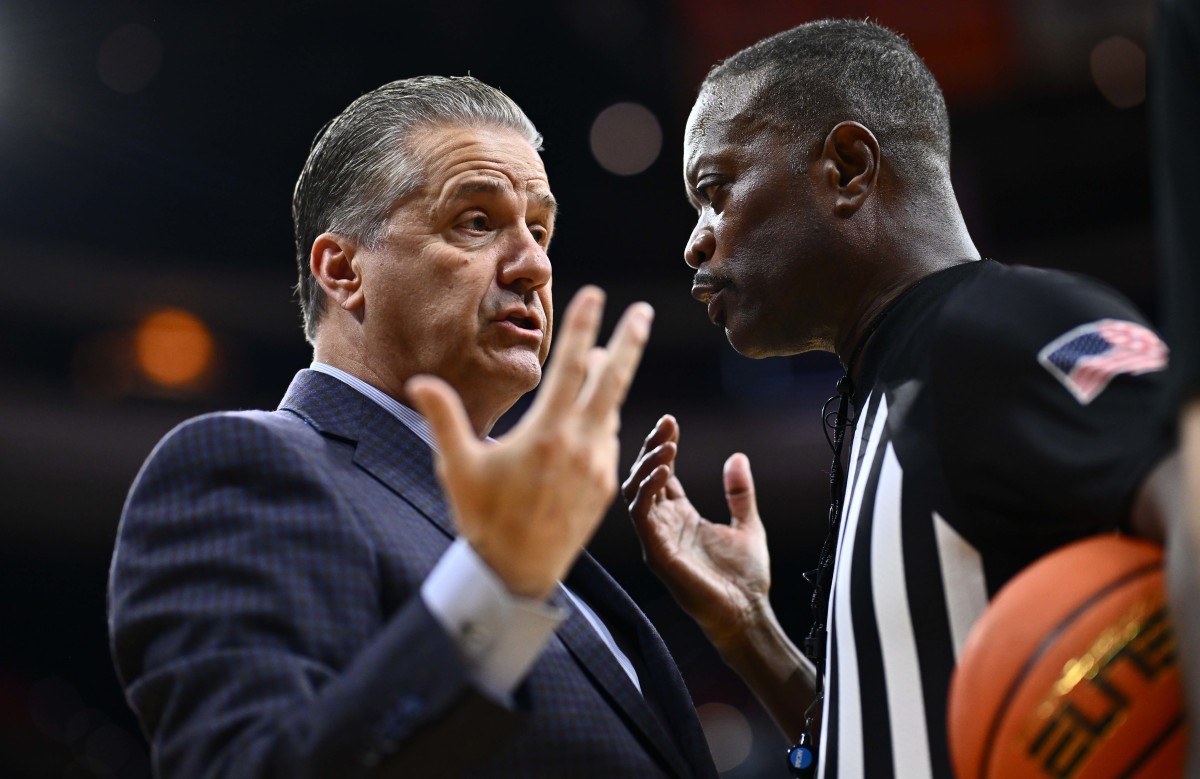 Dec 9, 2023; Philadelphia, Pennsylvania, USA; Kentucky Wildcats head coach John Calipari reacts to a referee against the Penn Quakers in the first half at Wells Fargo Center. Mandatory Credit: Kyle Ross-USA TODAY Sports