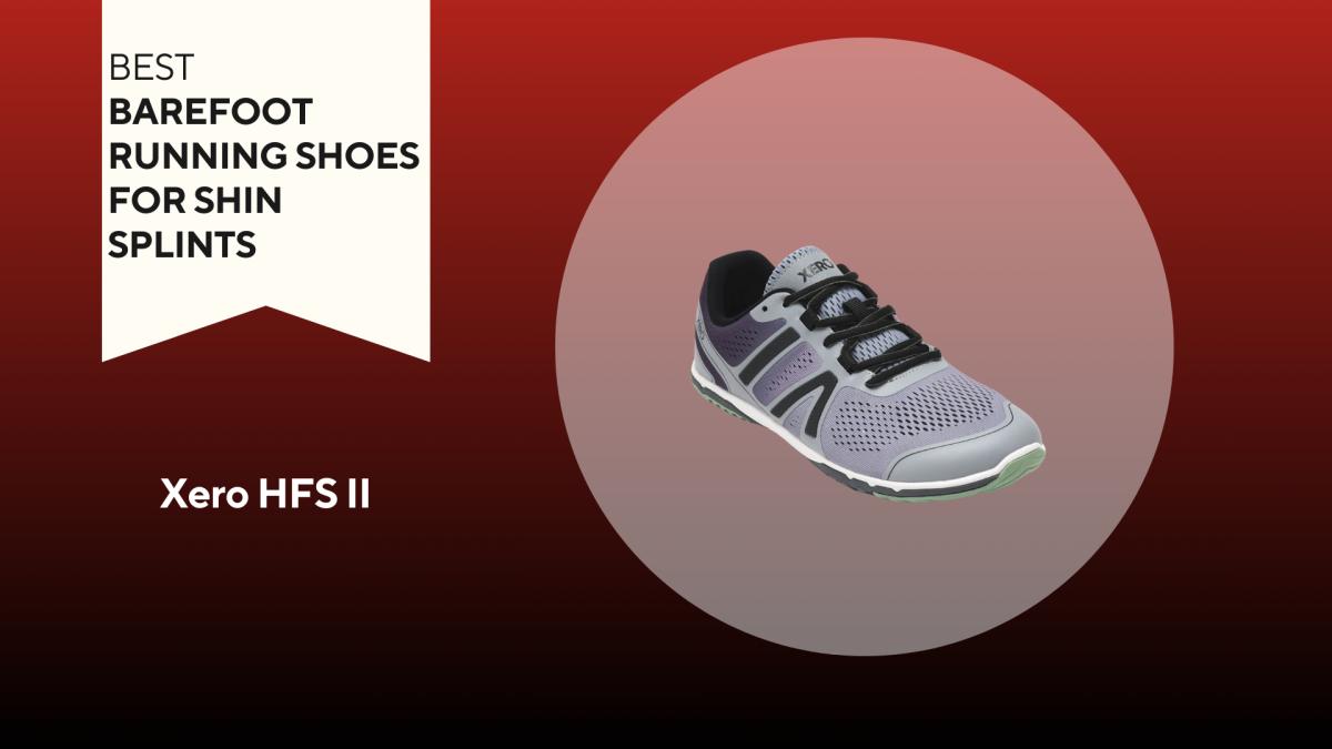An image of a purple-grey Xero HFS II running shoe against a red background.