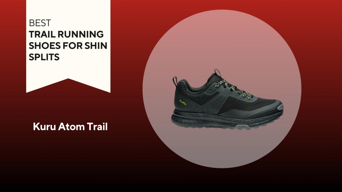 An image of a black Kuru Atom Trail running shoe against a red background.