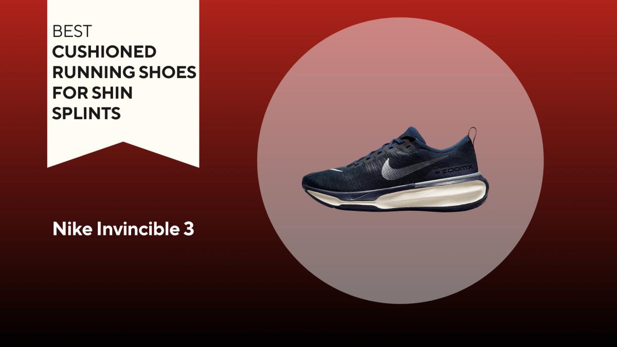 An image of a dark blue Nike Invisible 3 running shoe against a red background.