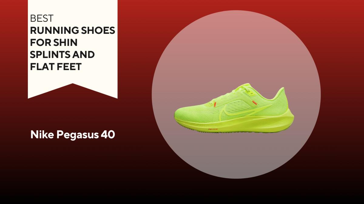 An image of a neon yellow Nike Pegasus 40 running shoe against a red background.