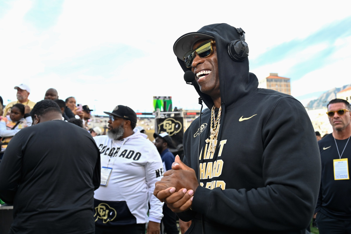 Sep 30, 2023; Boulder, Colorado, USA; Colorado Buffaloes head coach Deion Sanders during an interview prior to the game against the USC Trojans at Folsom Field