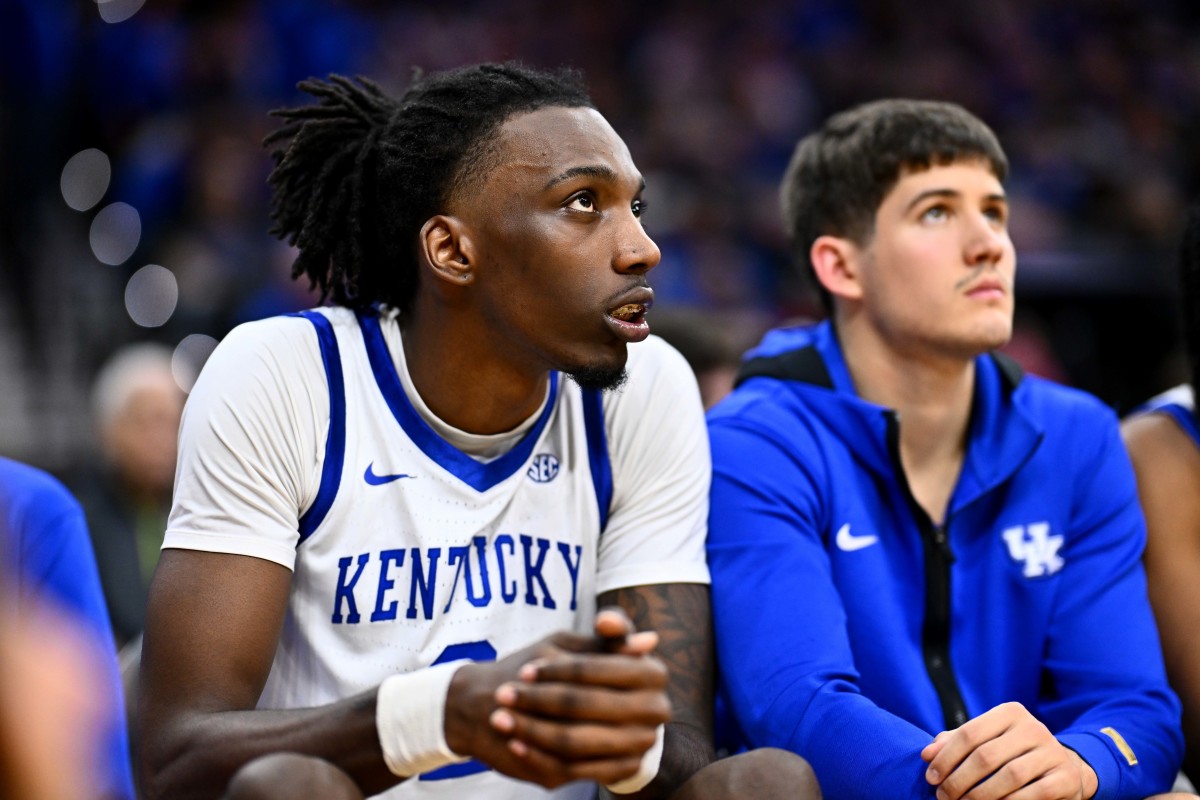 Dec 9, 2023; Philadelphia, Pennsylvania, USA; Kentucky Wildcats forward Aaron Bradshaw (2) looks on against the Penn Quakers in the second half at Wells Fargo Center. Mandatory Credit: Kyle Ross-USA TODAY Sports