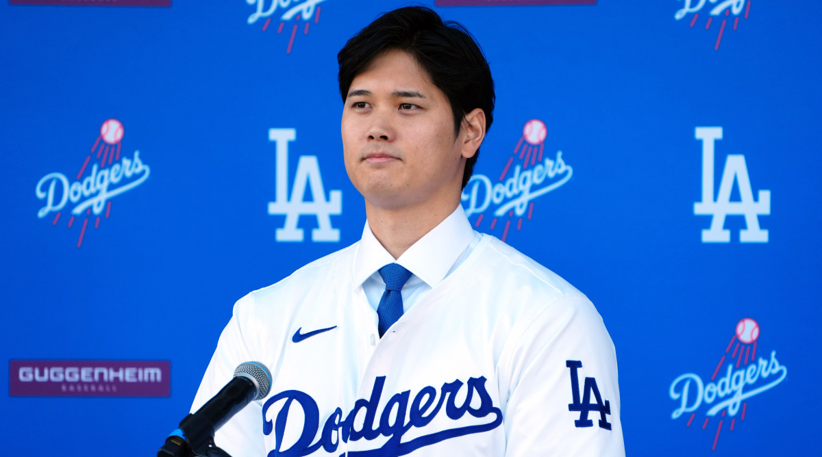 Shohei Ohtani speaks at an introductory press conference at Dodger Stadium.