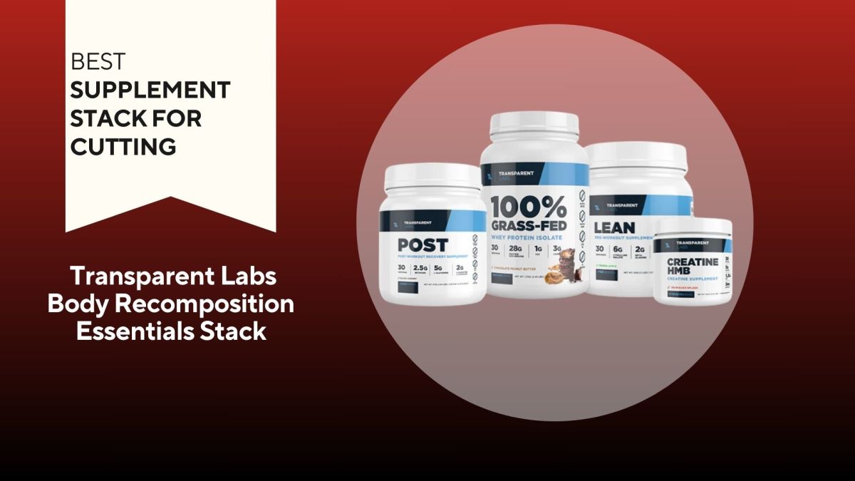 Four white tubs against a red background. The first says "POST," the next says "100% GRASS-FED WHEY," the third says "LEAN," and the fourth says "CREATINE HMB"