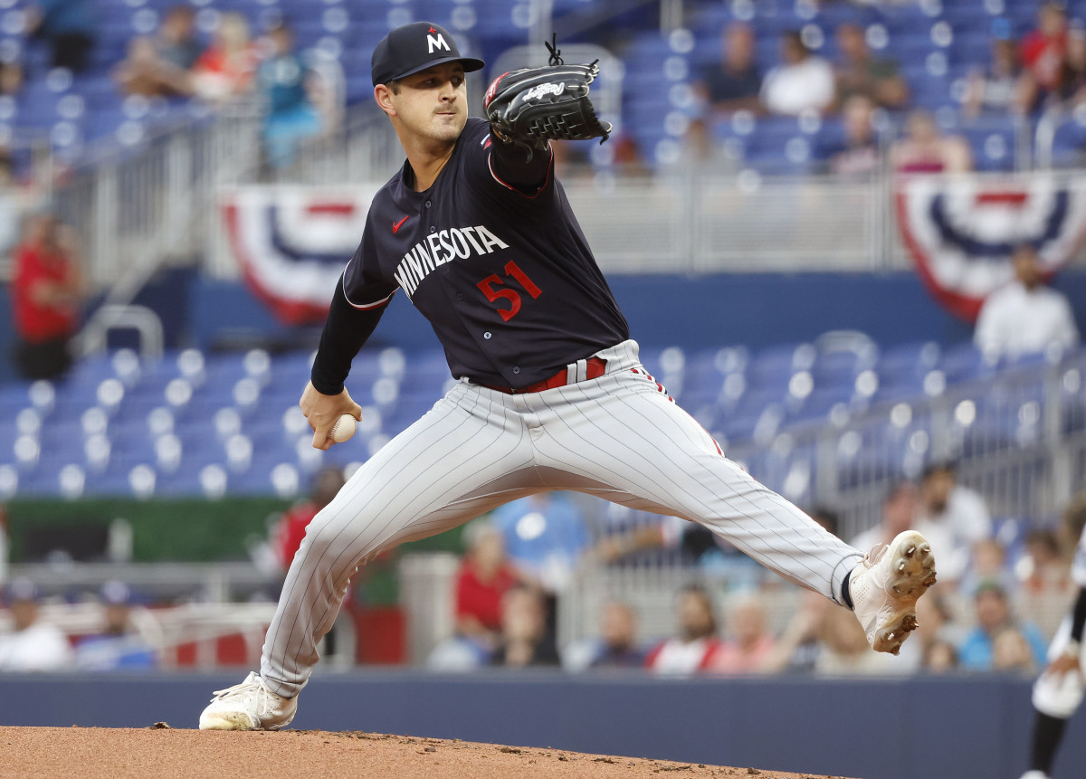 Apr 3, 2023; Miami, Florida, USA; Minnesota Twins starting pitcher Tyler Mahle (51) pitches against the Miami Marlins during the first inning at loanDepot Park. Mandatory Credit: Rhona Wise-USA TODAY Sports