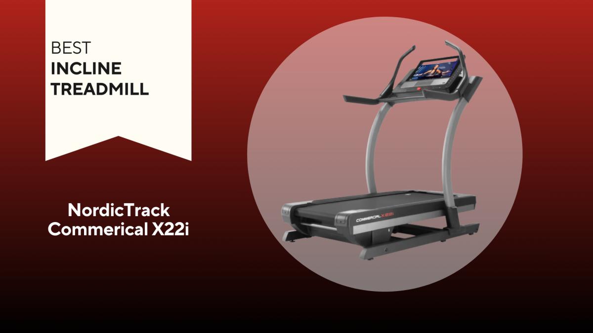 A NordicTrack Commercial X22i treadmill on a red background, our pick for the best incline treadmill