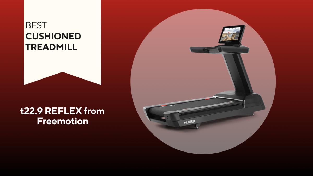 A t22.9 REFLEX from Freemotion treadmill on a red background, our pick for the best cushioned treadmill
