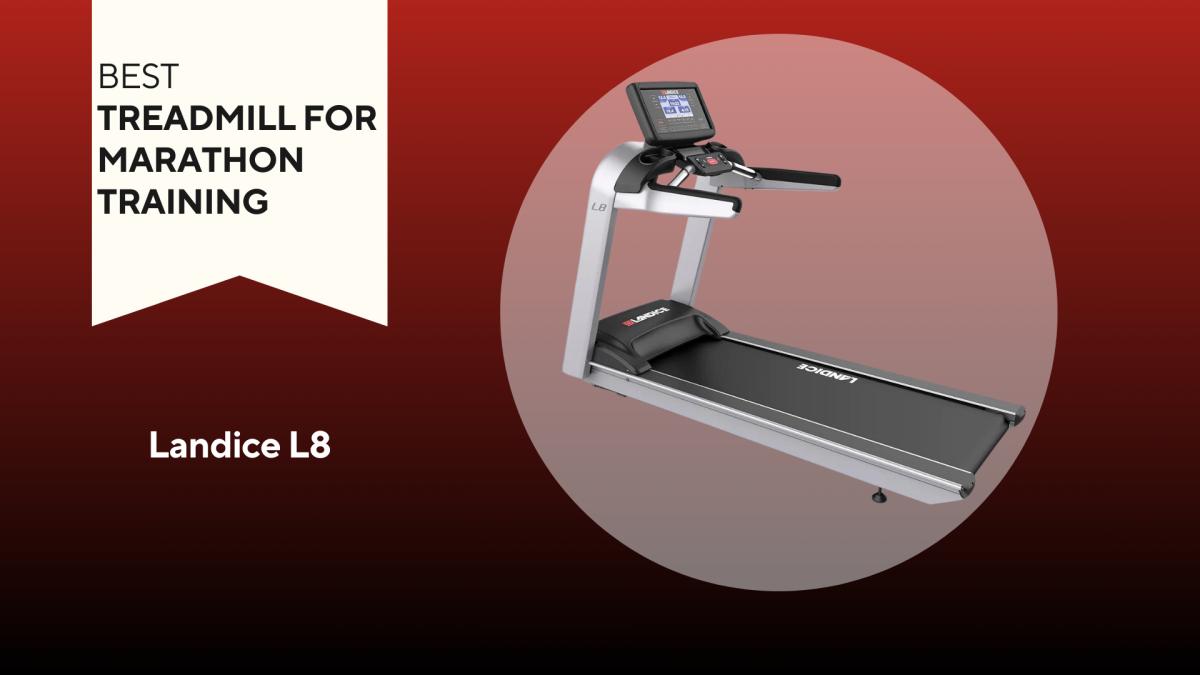 A Landice L8 treadmill on a red background, our pick for the best treadmill for marathon training