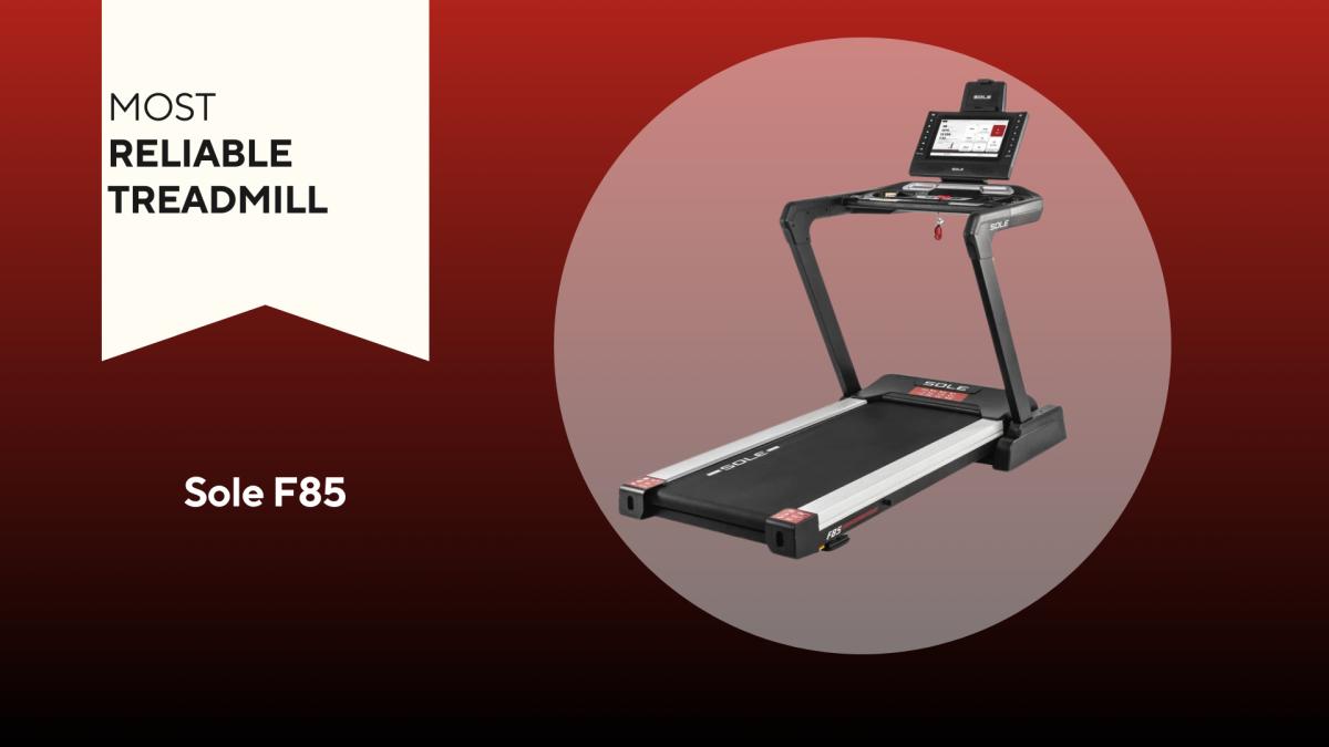 A Sole F85 treadmill our pick for the most reliable treadmill on a red background