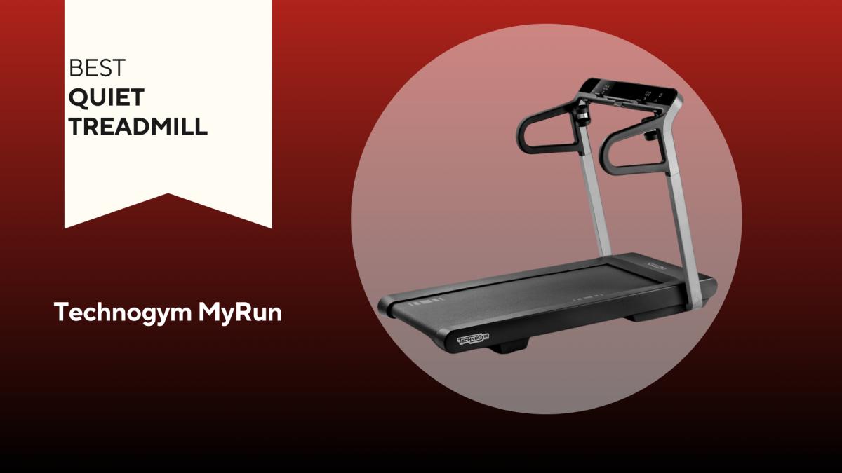 A Technogym MyRun treadmill on a red background, our pick for the best quiet treadmill