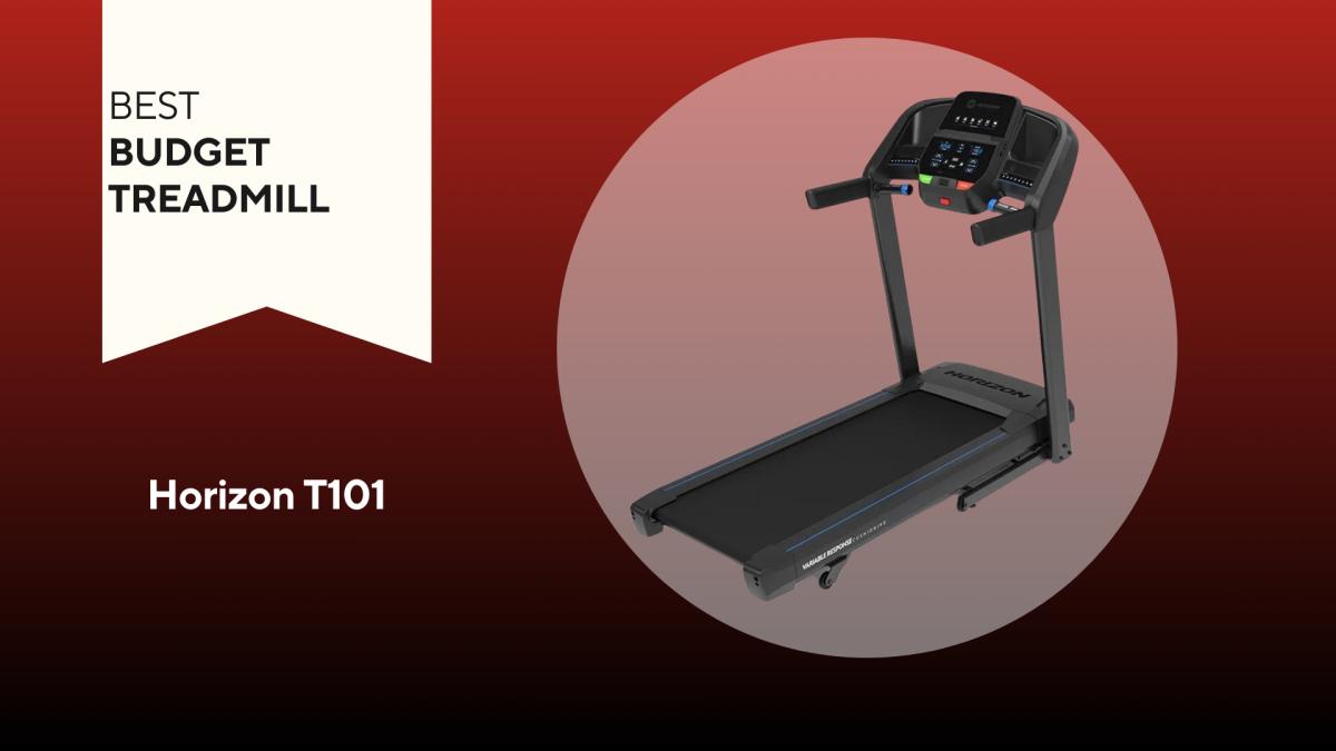 A Horizon T101 treadmill on a red background our pick for the best budget treadmill