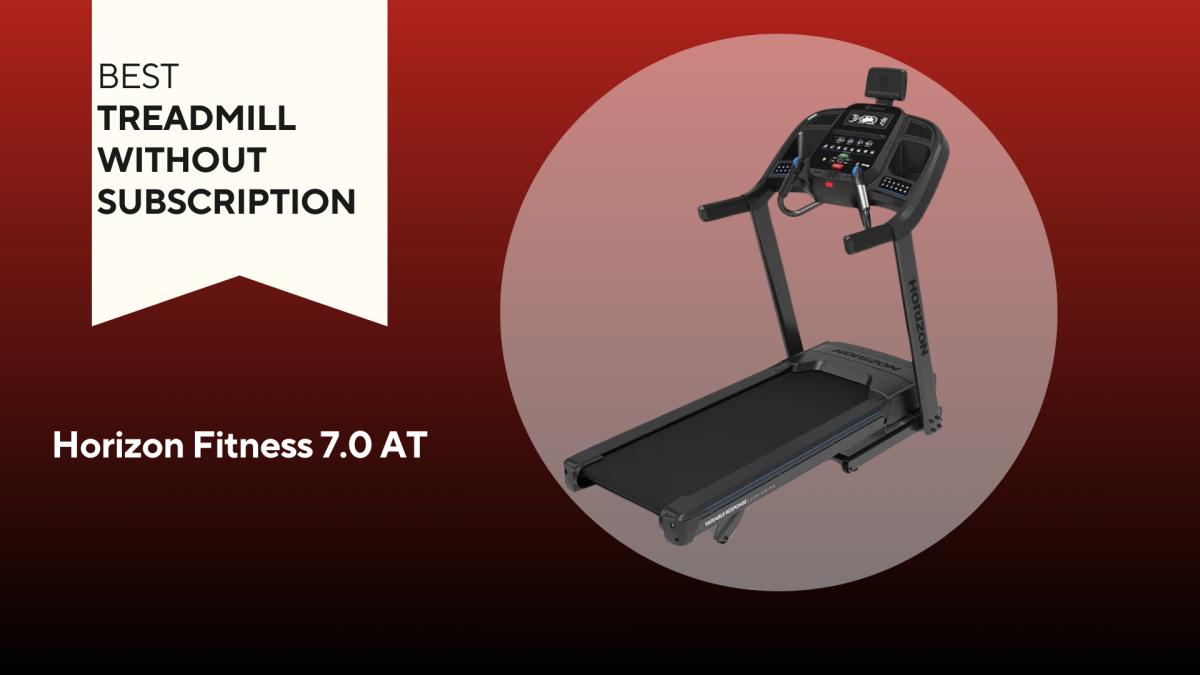 A Horizon Fitness 7.0 AT treadmill on a red background, our pick for the best treadmill without a subscription