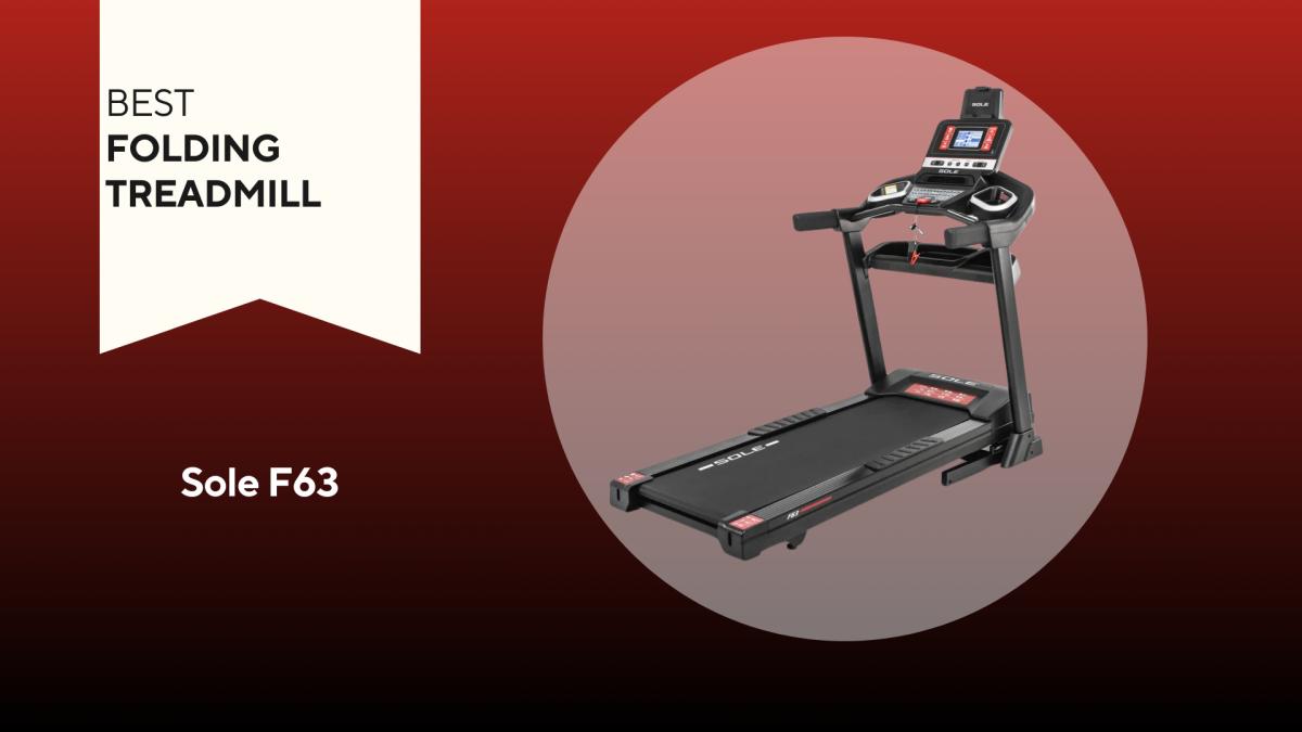 A Sole F63 treadmill on a red background, our pick for the best folding treadmill