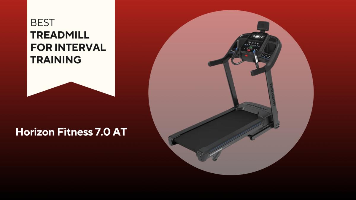 A Horizon Fitness 7.0 AT treadmill on a red background our pick for the best treadmill for interval training